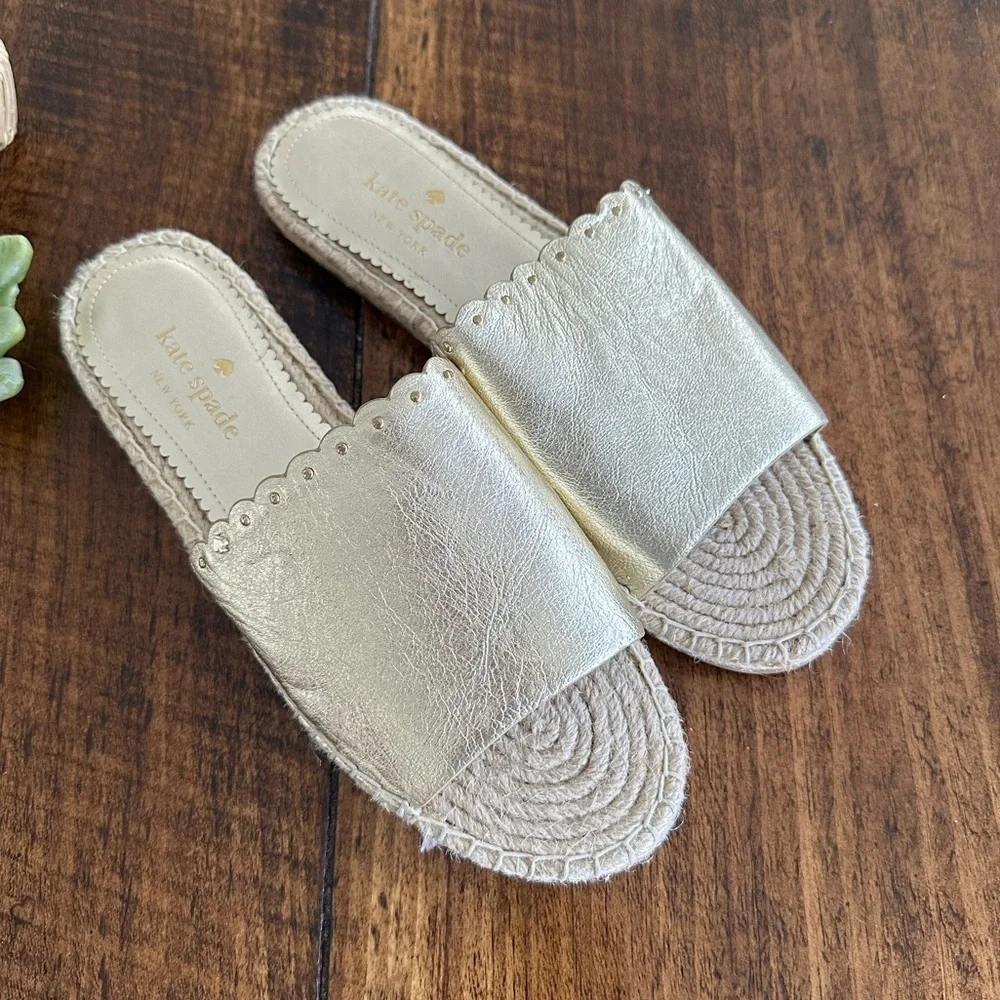 Kate Spade | Giovanna Gold Crinkle Leather Slip-on Espadrille Sandals, Size 8